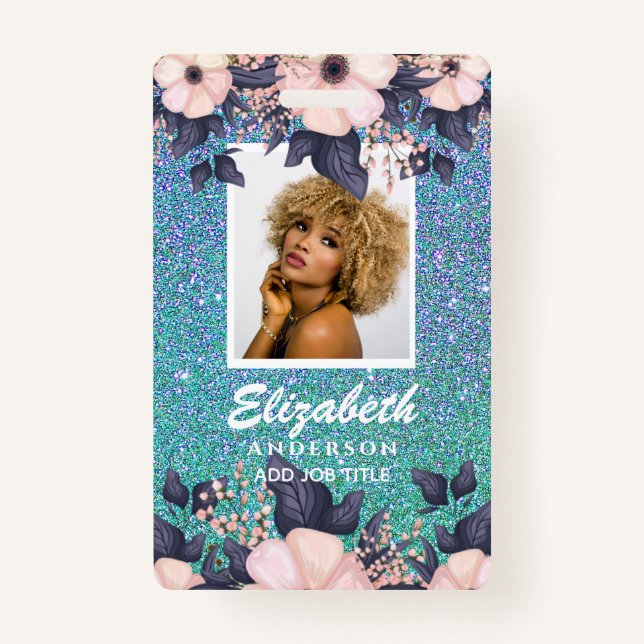 PHOTO ID - Employee VIP Pass Girly Glitter Flowers ID Badge (Front)