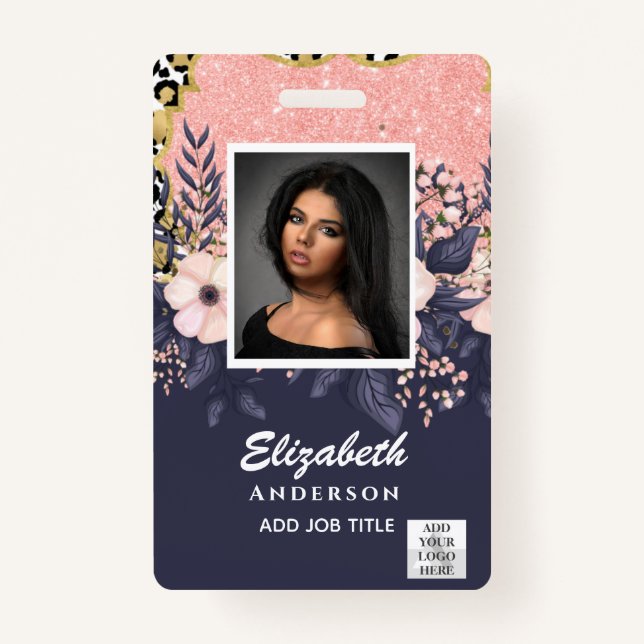 PHOTO-ID Employee VIP PASS Girly Glitter Flowers ID Badge (Front)