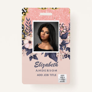 PHOTO-ID Employee VIP PASS Girly Glitter Flowers ID Badge