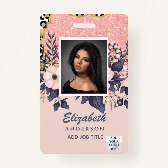PHOTO-ID Employee VIP PASS Girly Glitter Flowers ID Badge (Front)