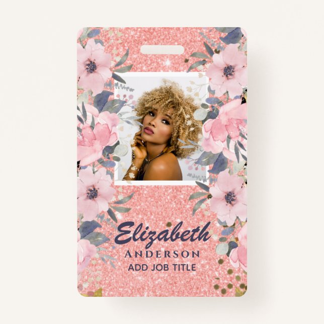 PHOTO ID - Employee VIP Pass Girly Glitter Flowers ID Badge (Front)