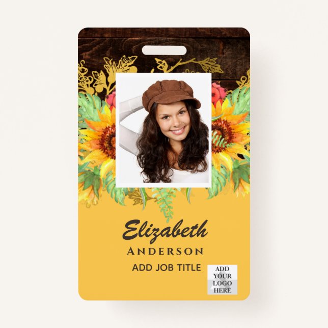 PHOTO-ID Employee VIP PASS RUSTIC Sunflowers ID Badge (Front)