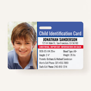 Photo Identification Emergency Allergy Child ID ID Badge