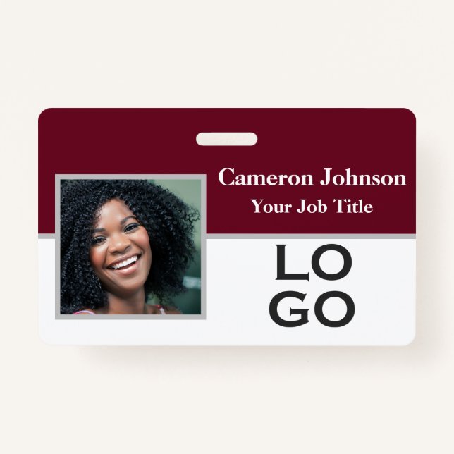 Photo Identification with Custom Logo on Burgundy ID Badge (Front)