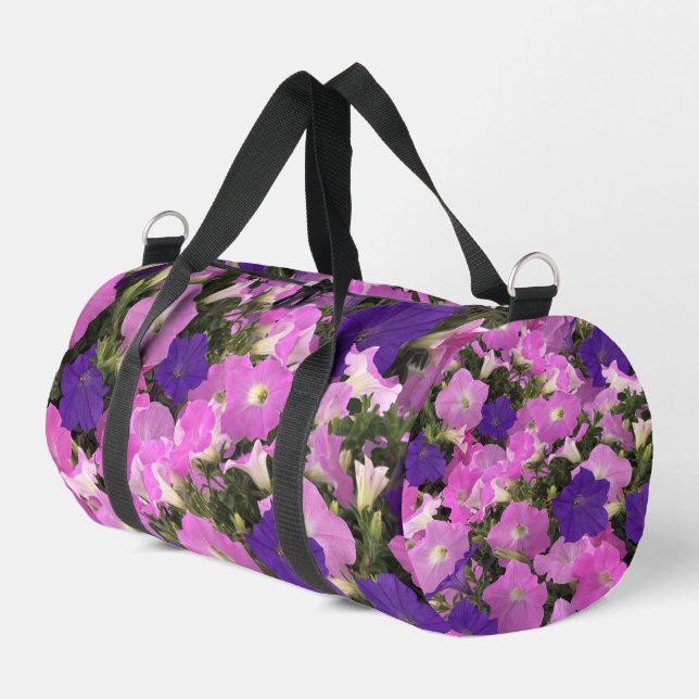 Photo Image Of Morning Glory Pink & Purple Flowers Duffle Bag (Left Corner)