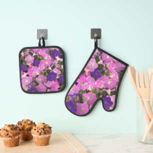 Photo Image Of Morning Glory Pink & Purple Flowers Oven Mitt & Pot Holder Set