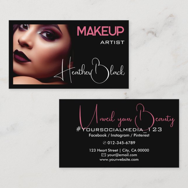Photo Image Template Plain Classic Black Pink Glam Business Card (Front/Back)