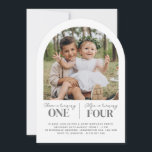 Photo Joint Arch First Birthday Invitation<br><div class="desc">A modern joint Birthday invitation featuring your own photo and two sections for the name and age of each child.</div>