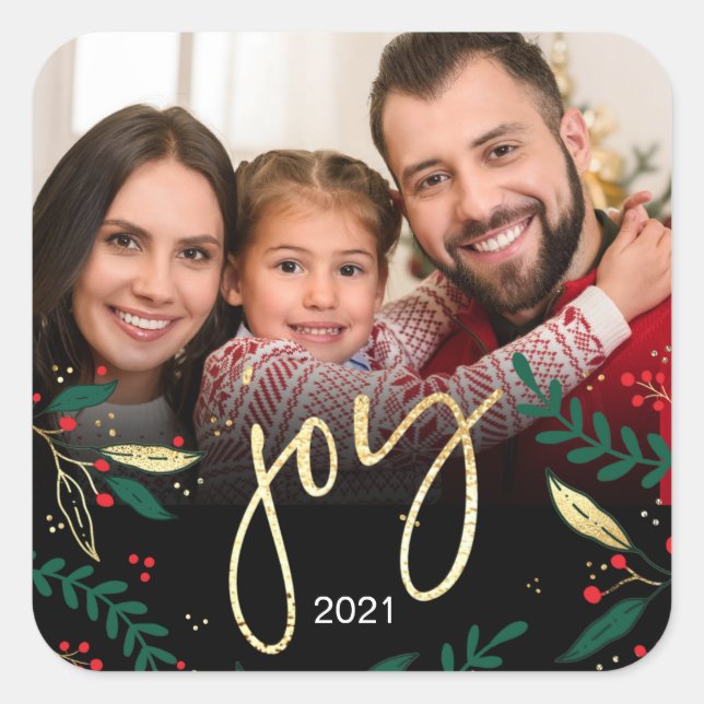 Photo Joy Black Red Green Gold Greenery Christmas Square Sticker (Front)