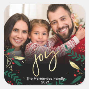 Photo Joy Black Red Green Gold Greenery Christmas Square Sticker