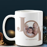 Photo Joy Coffee Mug<br><div class="desc">This modern stylish Christmas Holiday Photo Mug is decorated with the word JOY in taupe beige on a white background.
Easily customisable with your photo and name.</div>