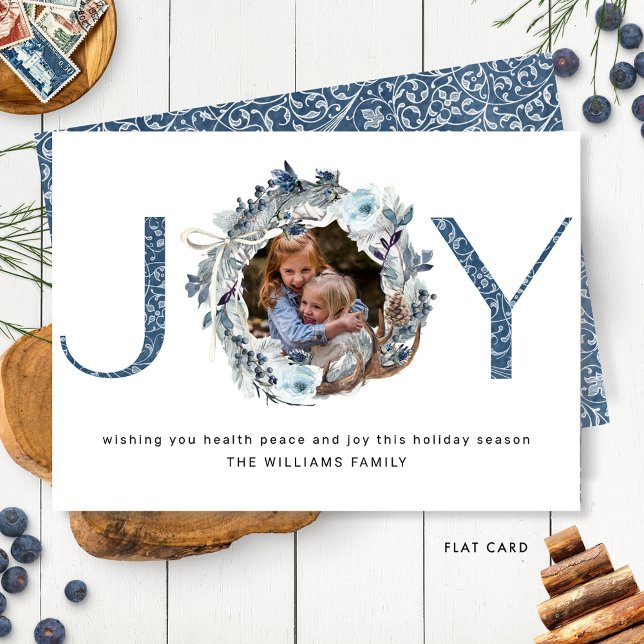 Photo Joy in Blue and Silver Elegant Rustic Wreath Holiday Card (Creator Uploaded)