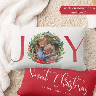 Photo, Joy Photo Overlay Greenery Holly Wreath Lumbar Cushion