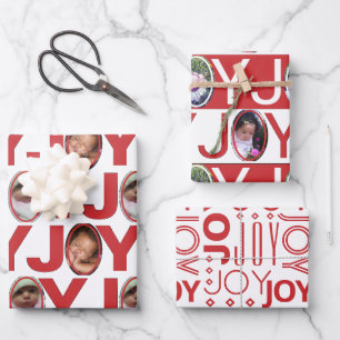 Photo JOY Red And White Modern Birthday Christmas Wrapping Paper Sheet