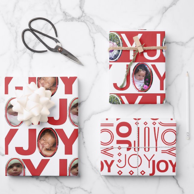 Photo JOY Red And White Modern Birthday Christmas Wrapping Paper Sheet (Front)
