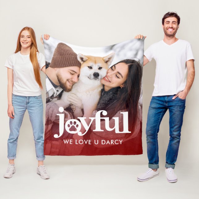 Photo Joyful Bold Typography Pawprint Red Gradient Fleece Blanket (In Situ)