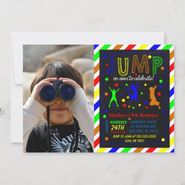 Photo Jump Birthday Party Invitation for a Boy (Front)