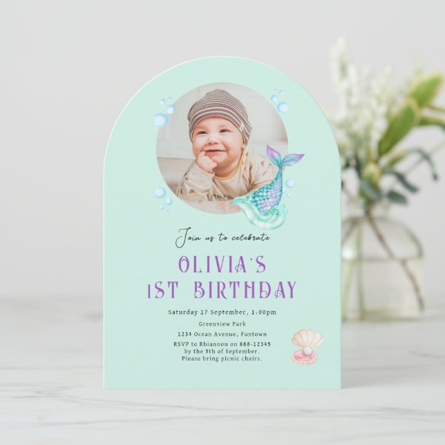 Photo Kids Birthday Invitation, purple teal Invitation (Standing Front)