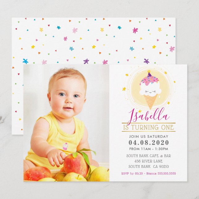 PHOTO KIDS BIRTHDAY PARTY colourful cute ice cream Invitation (Front/Back)