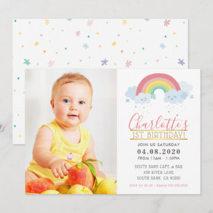 PHOTO KIDS BIRTHDAY PARTY colourful pastel rainbow Invitation