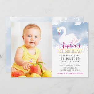 PHOTO KIDS BIRTHDAY PARTY swan princess blue pink Invitation