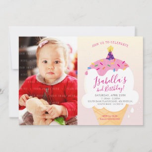PHOTO KIDS PARTY INVITE retro ice-cream cone pink