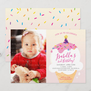 PHOTO KIDS PARTY INVITE retro ice-cream cone pink