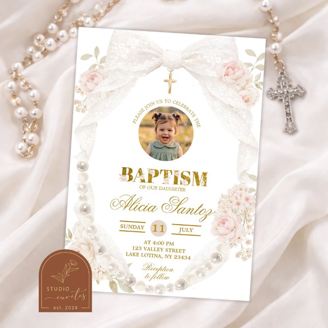 Photo Lace Ivory Bow Pearl Baptism Invitation (Creator Uploaded)