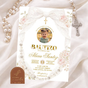 Photo Lace Ivory Bow Pearl Bautizo Invitation