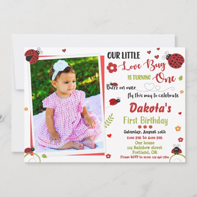 Photo Ladybug 1st birthday invitation Girl love (Front)
