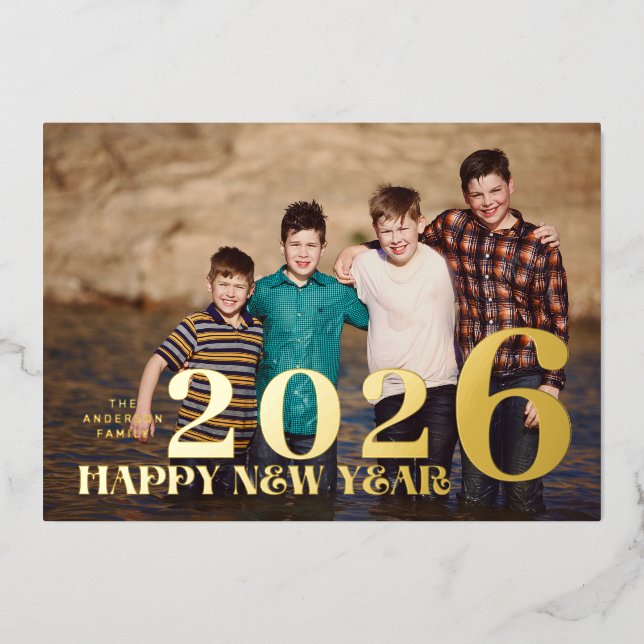 PHOTO Large Premium GOLD HAPPY NEW YEAR 2024 Foil Holiday Card (Front)