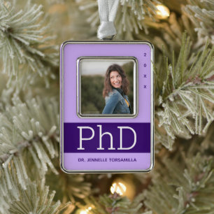 Photo Lavender Purple Name PhD Graduation Silver Plated Framed Ornament