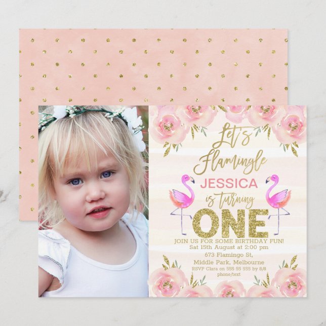 Photo let's flamingle first birthday invitation (Front/Back)
