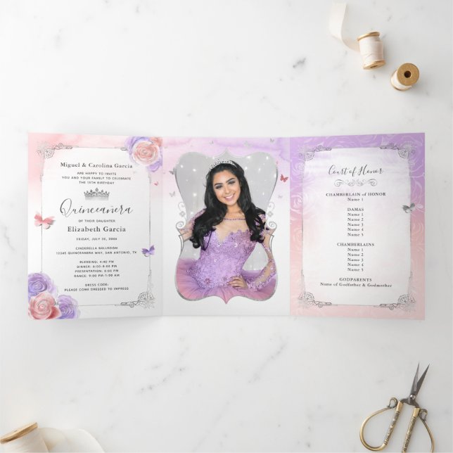 Photo Light Purple and Pink Floral Quinceanera Tri-Fold Invitation (Inside)