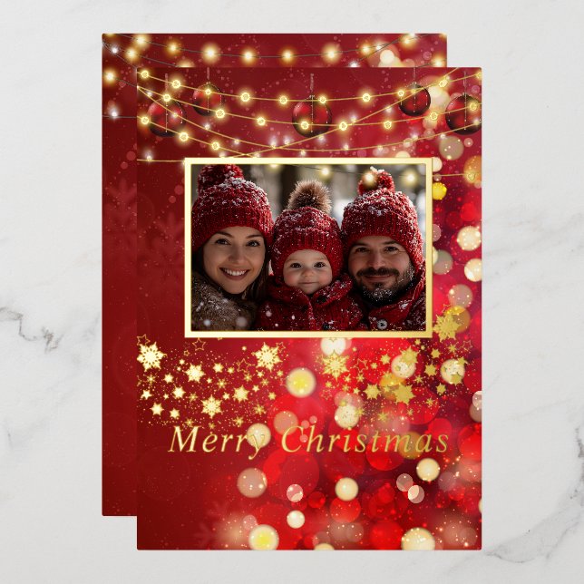  Photo Lights Gold Snowflakes Foil Holiday Card  (Front/Back)
