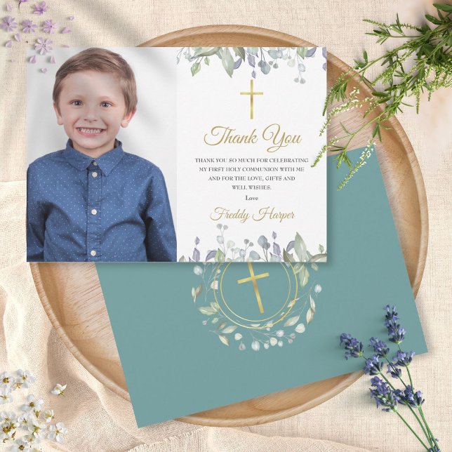 Photo Lilac Watercolour First Holy Communion Thank You Card (Creator Uploaded)