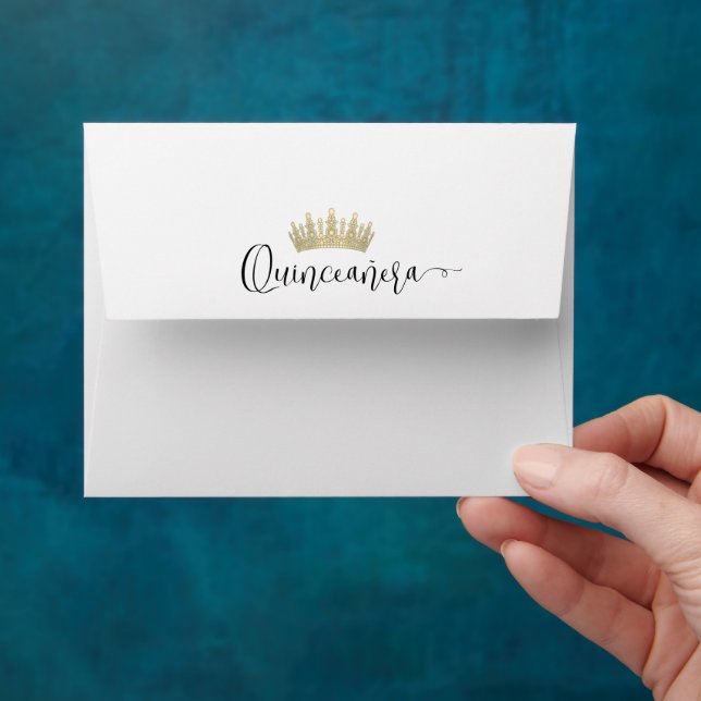 Photo Lined Pre-Addressed Quinceañera Crown RSVP Envelope (Hand)