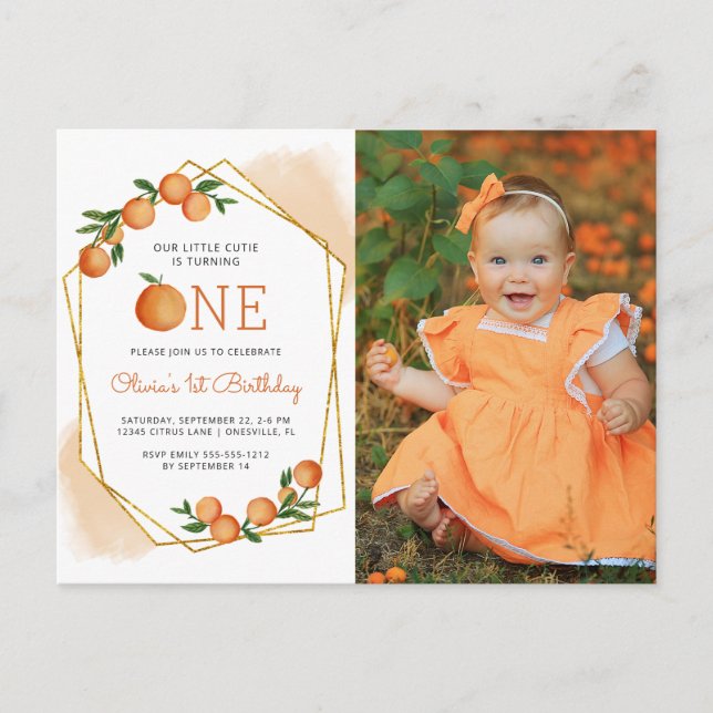 Photo Little Cutie Orange 1st Birthday Invitation Postcard (Front)