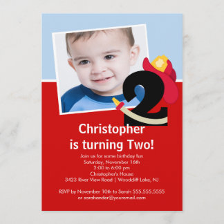Photo Little Firefighter Boy 2nd Birthday Party Invitation