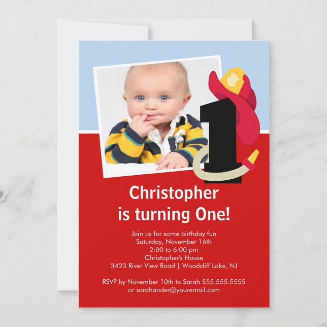 Photo Little Firefighter Boy First Birthday Party Invitation (Front)