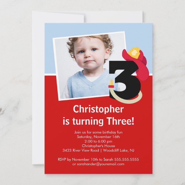Photo Little Firefighter Boy Third Birthday Party Invitation (Front)