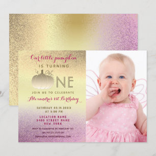 Photo Little Pumpkin 1st Birthday , Pink and Gold Invitation