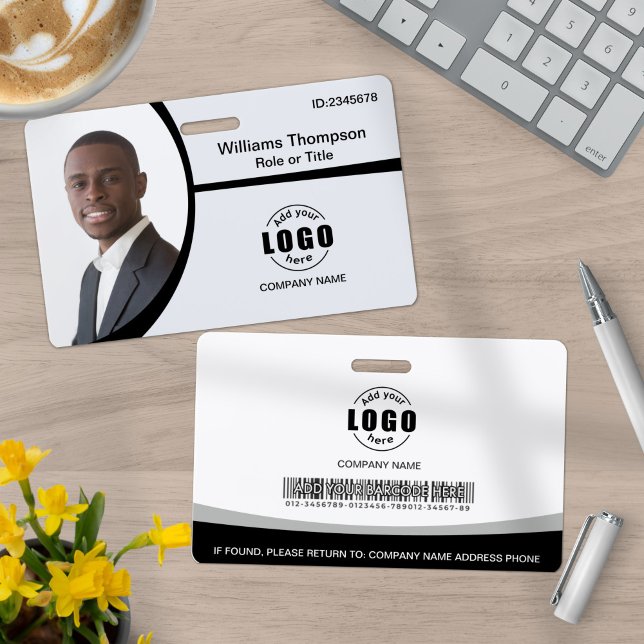Photo Logo Barcode Employee Black and White ID Badge (Creator Uploaded)