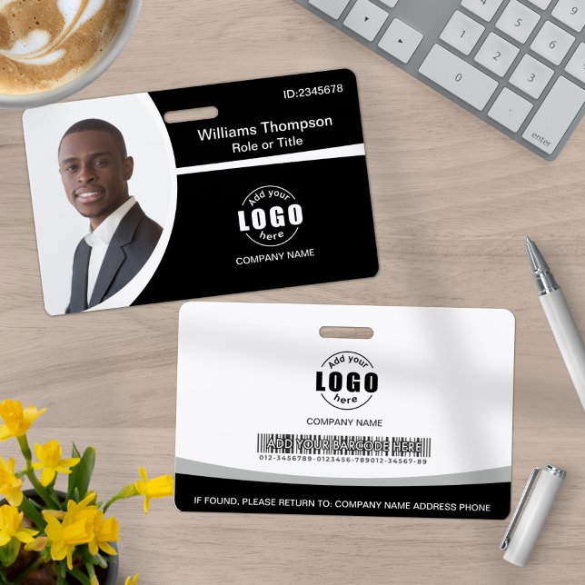 Photo Logo Barcode Employee Black and White ID Badge (Creator Uploaded)
