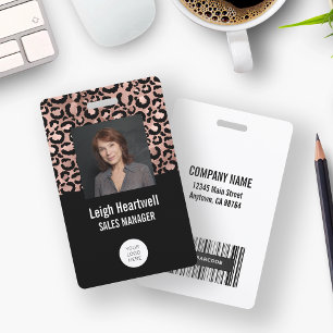 Photo Logo Barcode Rose Gold Black Leopard Print ID Badge