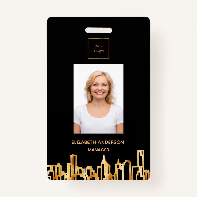 Photo logo black gold city skyline real estate ID badge (Front)