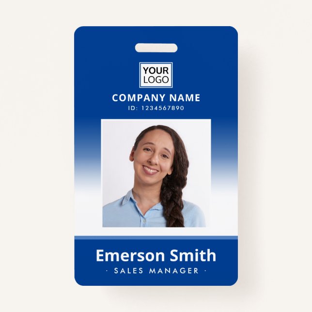 Photo logo blue gradient employee name title id ID badge (Front)