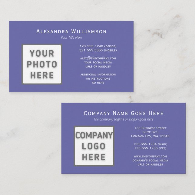 Photo Logo Horizontal Double-Sided Periwinkle Business Card (Front/Back)