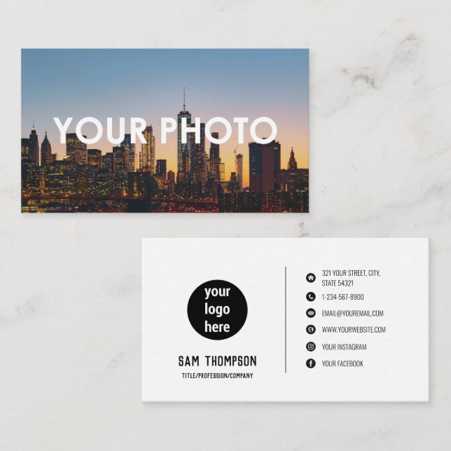 Photo & Logo Modern Minimalist Social Media Icons Business Card (Front/Back)