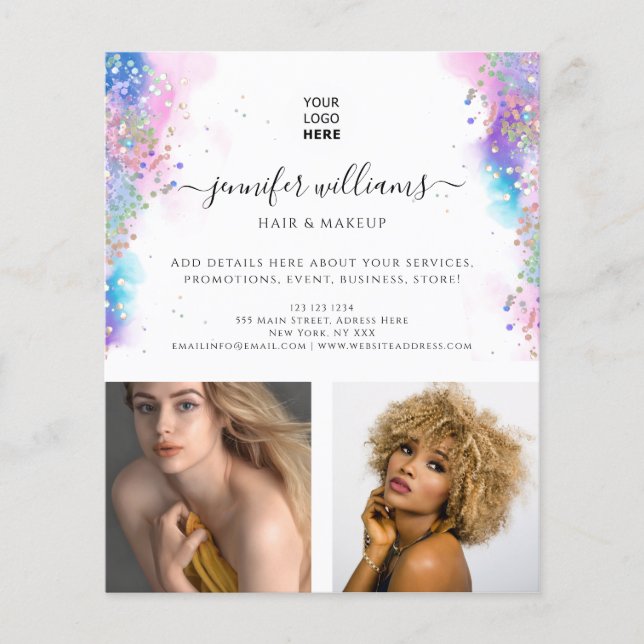 Photo Logo Promotional Watercolor Holo Glitter Flyer (Front)